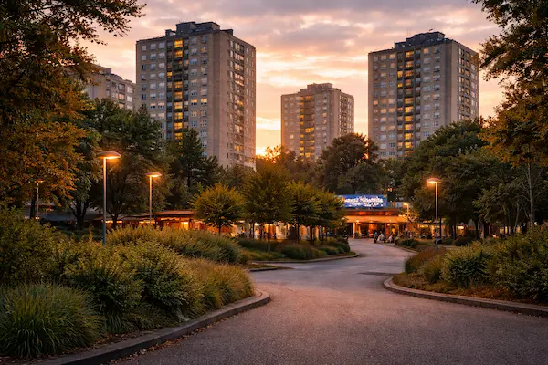 Stadtteilansicht von Hamburg-Osdorf mit Hochhäusern und Grünflächen