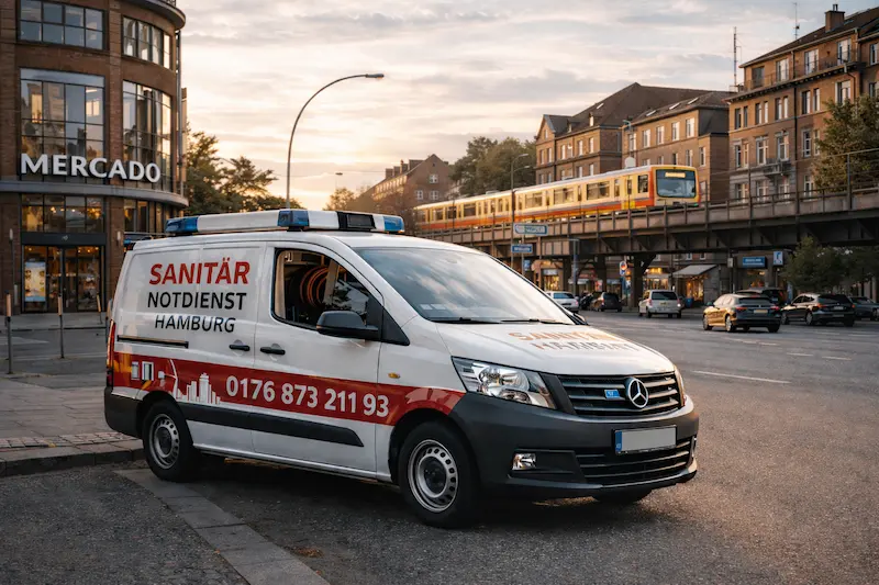 Sanitär Notdienst Hamburg-Bahrenfeld mit Einsatzfahrzeug am Mercado Center