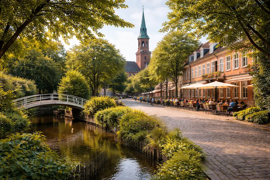 Wohngebiet in Hamburg-Groß Flottbek mit Brücke und Stadtvillen im Grünen
