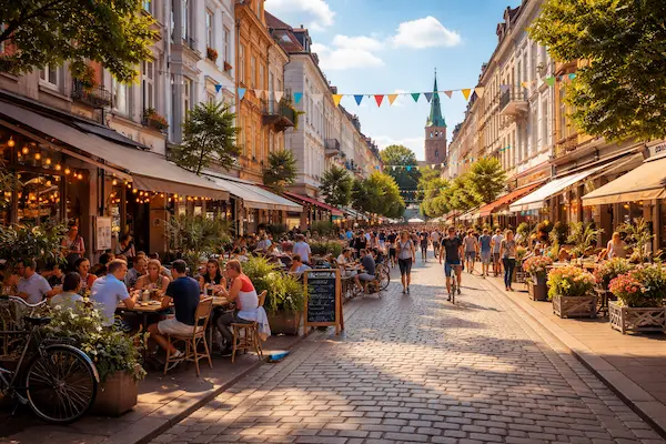 Altbau- und Straßenszene in Hamburg-Ottensen nahe Ottenser Hauptstraße mit Cafés und dichter Bebauung im Bezirk Altona