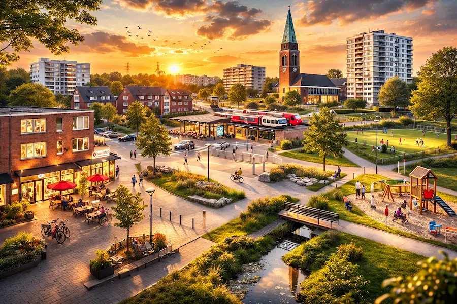 Wohngebiet in Hamburg-Lurup mit Mehrfamilienhäusern und Grünflächen – Einsatzgebiet vom Sanitär Notdienst