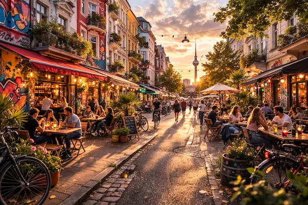 Straßenszene in Hamburg-Sternschanze mit Altbauten, Restaurants und lebendigem Abendbetrieb im Szeneviertel