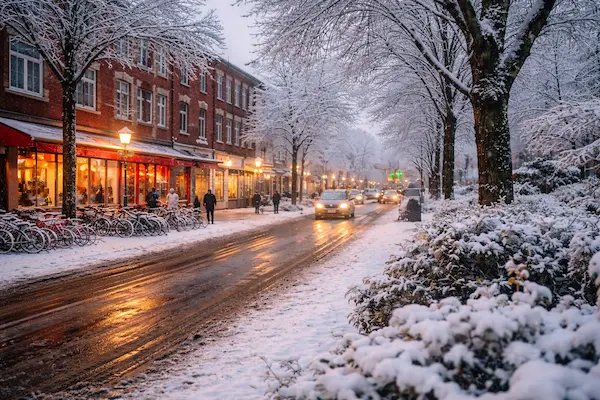 Winterliche Straße im Hamburger Stadtteil Lokstedt mit verschneiten Bäumen, Häusern und typischer Wohnbebauung.
