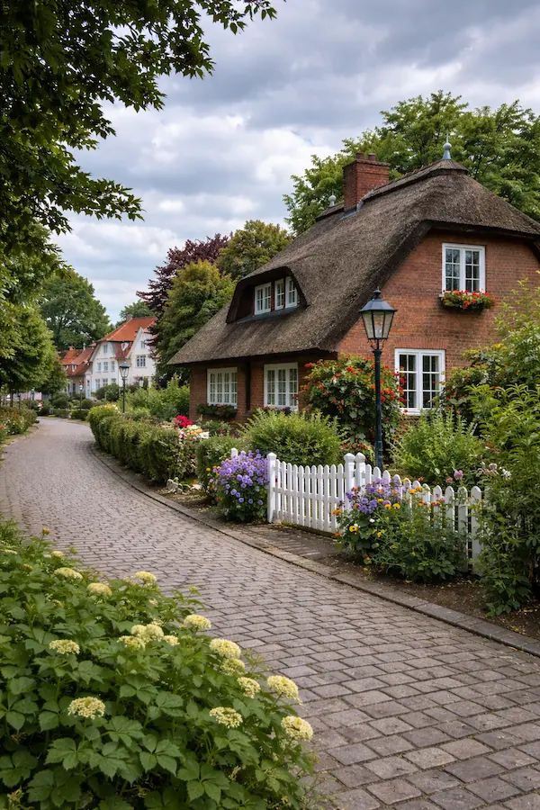 Wohnstraße mit Einfamilienhäusern im Hamburger Stadtteil Sülldorf im Bezirk Altona