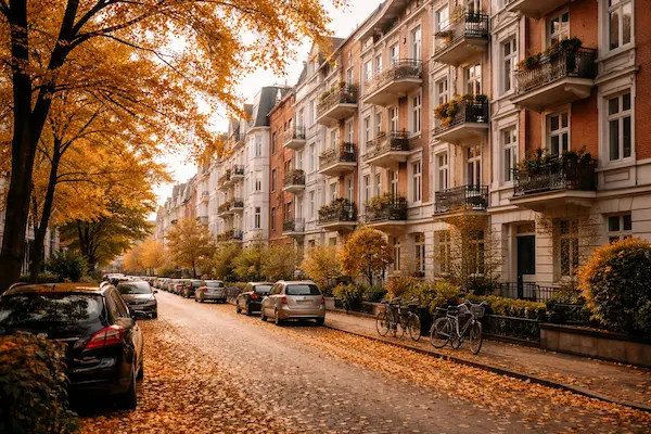 Herbstliche Altbau Straße im Hamburger Stadtteil Hoheluft-West mit typischen Mehrfamilienhäusern und parkenden Autos