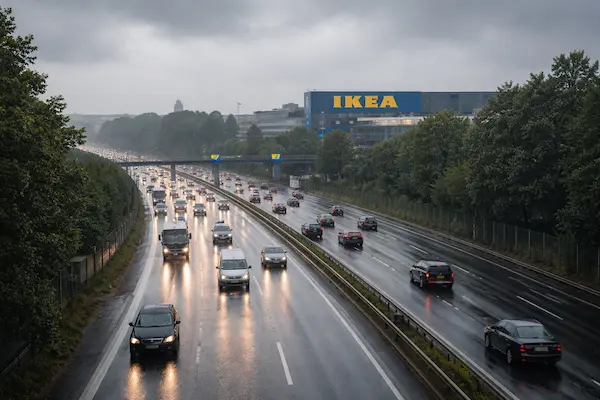 Blick auf die A7 in Hamburg-Schnelsen bei typischem Hamburger Regenwetter mit dem IKEA Einrichtungshaus im Hintergrund